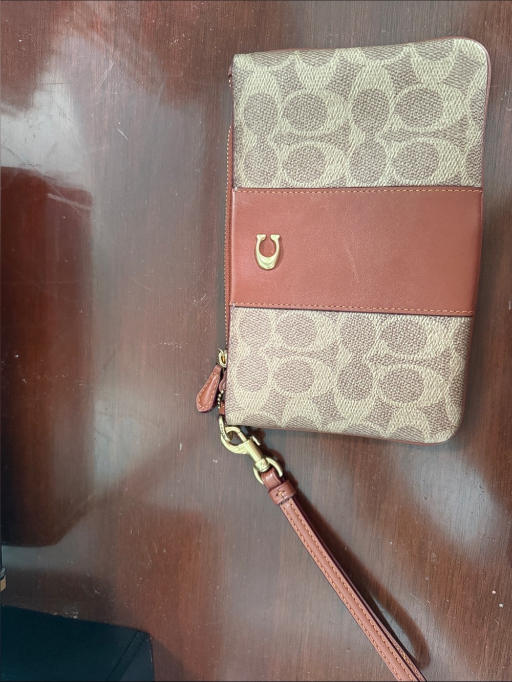 Coach Large Tan Rust Signature Canvas Wristlet  with Leather Strap